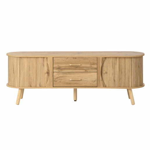 Móvel de TV oval - com portas de correr e gavetas, relevo com linhas verticais, pés em madeira maciça, estilo escandinavo moderno - natural