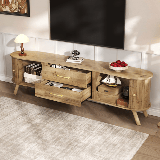 Móvel de TV oval - com portas de correr e gavetas, relevo com linhas verticais, pés em madeira maciça, estilo escandinavo moderno - natural