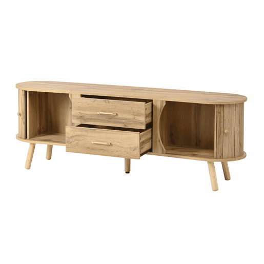 Móvel de TV oval - com portas de correr e gavetas, relevo com linhas verticais, pés em madeira maciça, estilo escandinavo moderno - natural