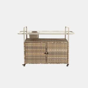 Mesa de bar para exterior - carrinho de vime com armário, rodas bloqueáveis, cubo para gelo e cesto lateral - bege