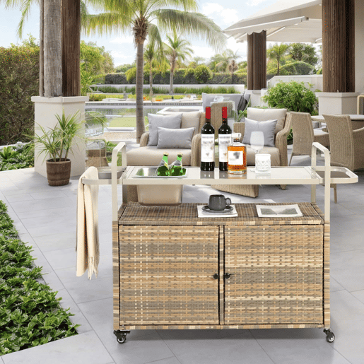 Mesa de bar para exterior - carrinho de vime com armário, rodas bloqueáveis, cubo para gelo e cesto lateral - bege
