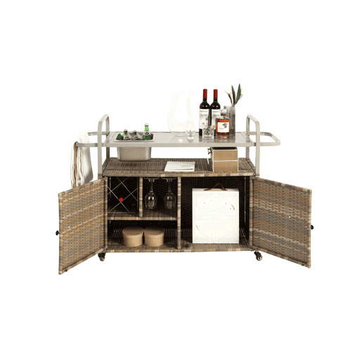 Mesa de bar para exterior - carrinho de vime com armário, rodas bloqueáveis, cubo para gelo e cesto lateral - bege