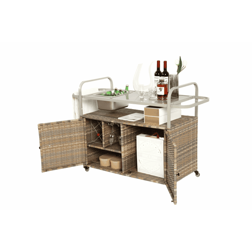 Mesa de bar para exterior - carrinho de vime com armário, rodas bloqueáveis, cubo para gelo e cesto lateral - bege