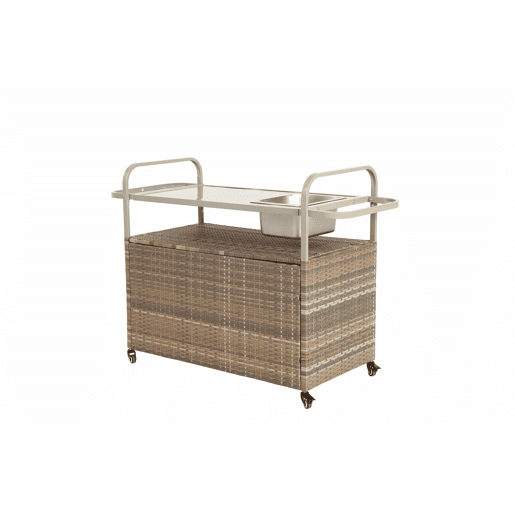 Mesa de bar para exterior - carrinho de vime com armário, rodas bloqueáveis, cubo para gelo e cesto lateral - bege