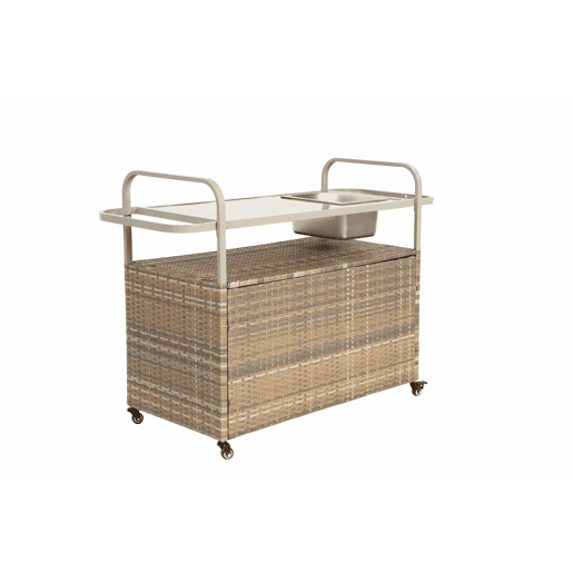 Mesa de bar para exterior - carrinho de vime com armário, rodas bloqueáveis, cubo para gelo e cesto lateral - bege