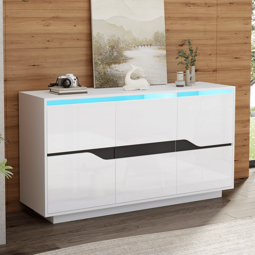 Móvel de sala 140x40x70 cm - Aparador com 3 portas, com LED, branco e preto