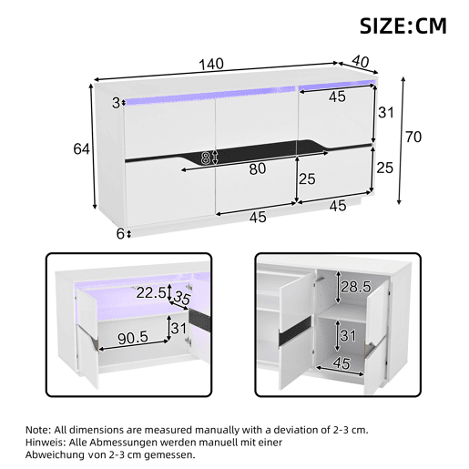Móvel de sala 140x40x70 cm - Aparador com 3 portas, com LED, branco e preto