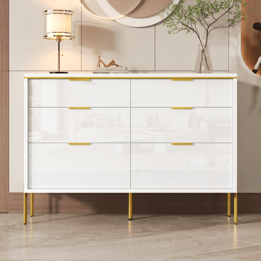Aparador com 6 gavetas - frente brilhante, grande capacidade de armazenamento, estilo moderno - Branco