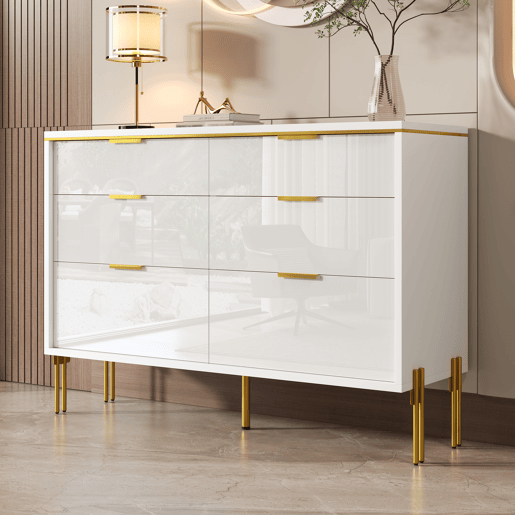 Aparador com 6 gavetas - frente brilhante, grande capacidade de armazenamento, estilo moderno - Branco