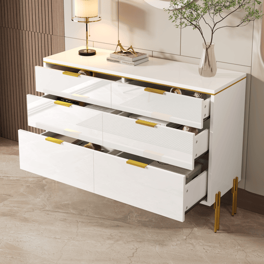 Aparador com 6 gavetas - frente brilhante, grande capacidade de armazenamento, estilo moderno - Branco