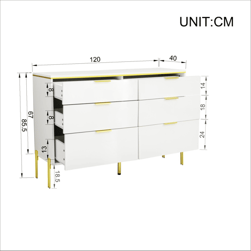 Aparador com 6 gavetas - frente brilhante, grande capacidade de armazenamento, estilo moderno - Branco