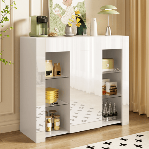 Aparador moderno branco 95x35x83 cm - Confrontamento brilhante, prateleiras de vidro e porta - Branco