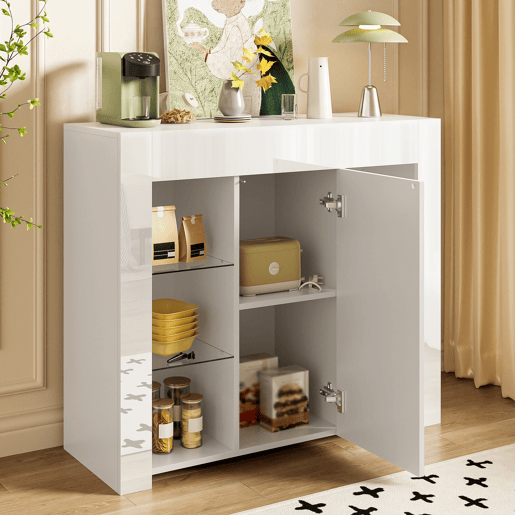 Aparador moderno branco 95x35x83 cm - Confrontamento brilhante, prateleiras de vidro e porta - Branco