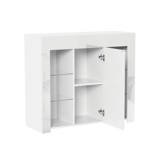 Aparador moderno branco 95x35x83 cm - Confrontamento brilhante, prateleiras de vidro e porta - Branco