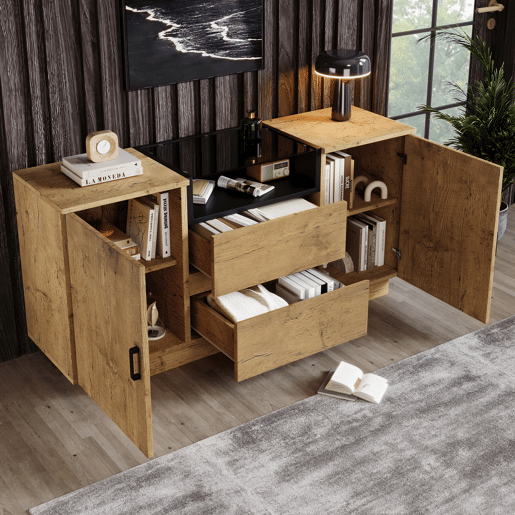 Cômoda 140x70x40 cm - 2 gavetas + 2 armários ajustáveis - Vidro ESG - Carvalho claro