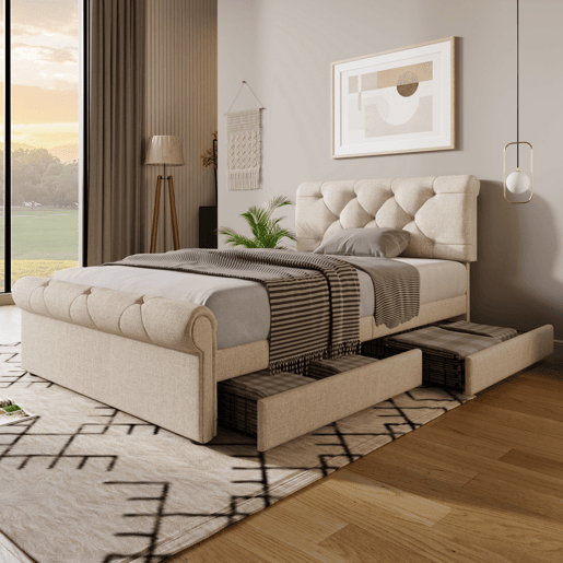 Cama individual 90x200 cm - Cama estofada com 2 gavetas e cabeceira ajustável - Natural
