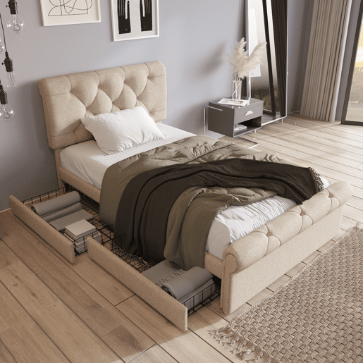 Cama individual 90x200 cm - Cama estofada com 2 gavetas e cabeceira ajustável - Natural