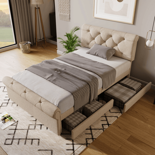 Cama individual 90x200 cm - Cama estofada com 2 gavetas e cabeceira ajustável - Natural