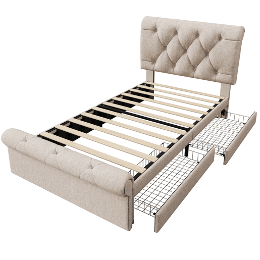 Cama individual 90x200 cm - Cama estofada com 2 gavetas e cabeceira ajustável - Natural