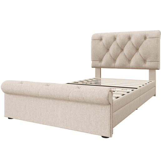 Cama individual 90x200 cm - Cama estofada com 2 gavetas e cabeceira ajustável - Natural