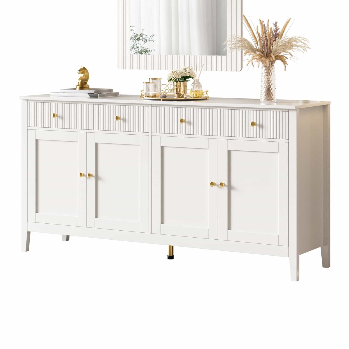 Aparador de comedor - 2 cajones y 4 puertas, estilo elegante, tiradores dorados, gran capacidad de almacenamiento - blanco