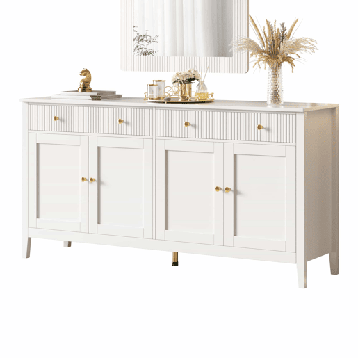 Aparador de sala de jantar - 2 gavetas e 4 portas, estilo elegante, puxadores dourados, grande capacidade de arrumação - branco