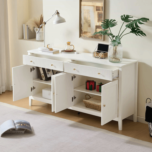 Aparador de sala de jantar - 2 gavetas e 4 portas, estilo elegante, puxadores dourados, grande capacidade de arrumação - branco