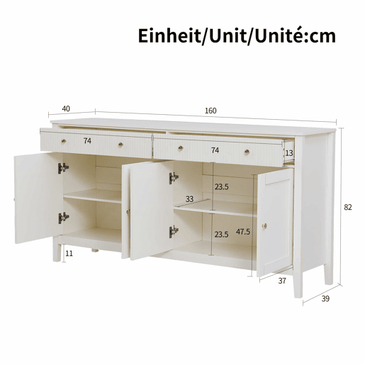 Aparador de sala de jantar - 2 gavetas e 4 portas, estilo elegante, puxadores dourados, grande capacidade de arrumação - branco