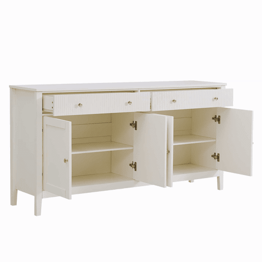 Aparador de sala de jantar - 2 gavetas e 4 portas, estilo elegante, puxadores dourados, grande capacidade de arrumação - branco