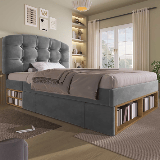 Cama individual 90x200 - estofada em veludo, cabeceira ajustável, com gavetas e espaço de arrumação - cinzenta