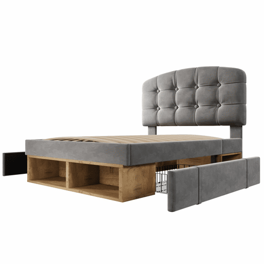 Cama individual 90x200 - estofada em veludo, cabeceira ajustável, com gavetas e espaço de arrumação - cinzenta