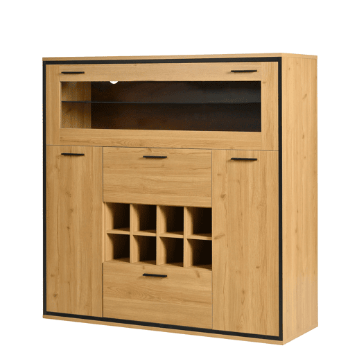 Aparador, Armário para garrafas com LED - 2 portas, 2 gavetas e prateleiras de vidro - Natural