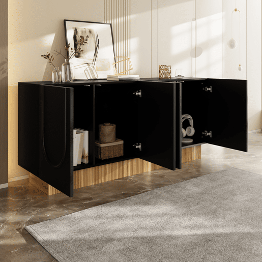Aparador 160x75x38 - 4 portas, grande capacidade de armazenamento, estrutura em U - PretoMadeira