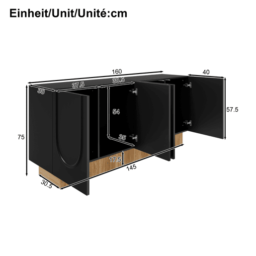 Aparador 160x75x38 - 4 portas, grande capacidade de armazenamento, estrutura em U - PretoMadeira