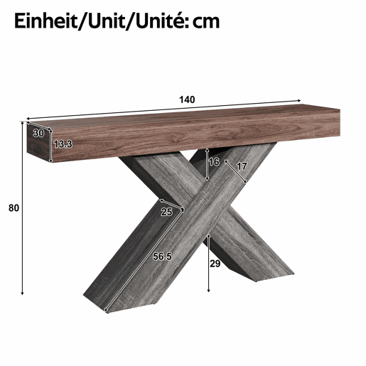 Mesa de console estreita - pés em X, acabamento com efeito de madeira, tampo em aglomerado, para a entrada e a sala de estar - nogueira