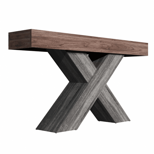 Mesa de console estreita - pés em X, acabamento com efeito de madeira, tampo em aglomerado, para a entrada e a sala de estar - nogueira
