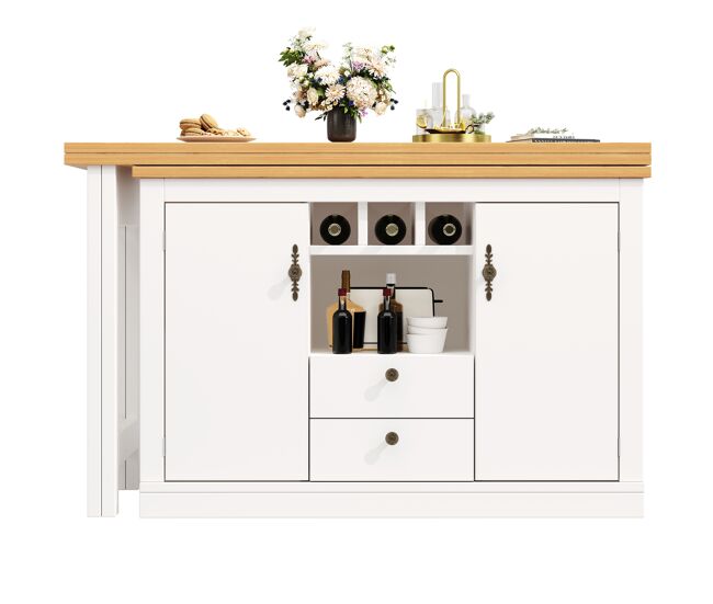 Mesa de bar extensible 120-180cm - con función de rotación 360° y almacenamiento - blanco