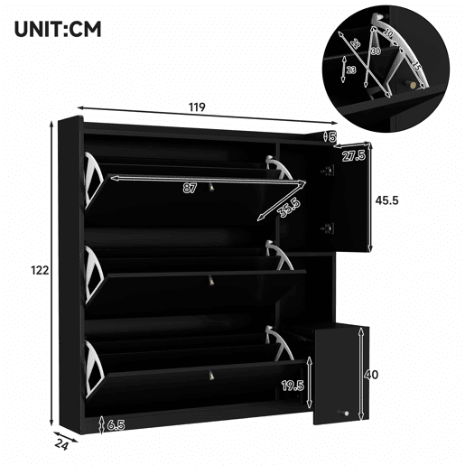 Armário rebatível 119 x 24 x 122 cm - 3 gavetas rebatíveis, organizador de entrada com gaveta, banco rebatível independente para o corredor - preto