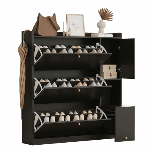 Armário rebatível 119 x 24 x 122 cm - 3 gavetas rebatíveis, organizador de entrada com gaveta, banco rebatível independente para o corredor - preto