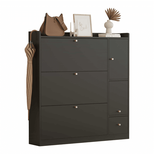 Armário rebatível 119 x 24 x 122 cm - 3 gavetas rebatíveis, organizador de entrada com gaveta, banco rebatível independente para o corredor - preto