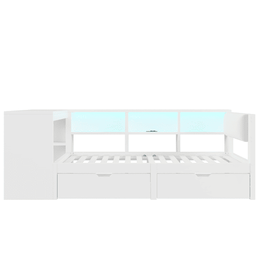Cama plataforma 90x200 - com arrumação, gavetas, estação de carregamento e LED - Branco