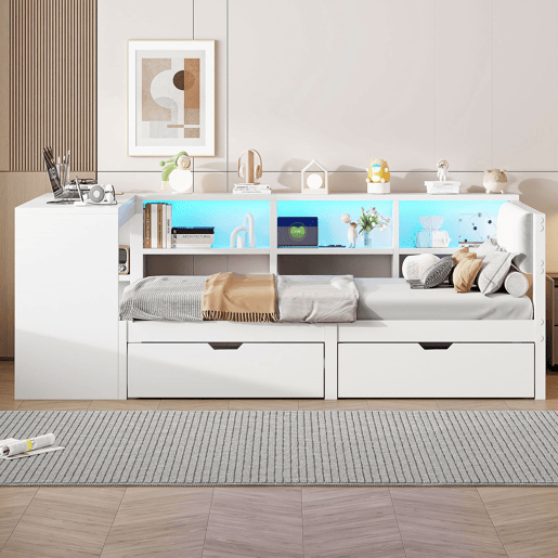 Cama plataforma 90x200 - com arrumação, gavetas, estação de carregamento e LED - Branco