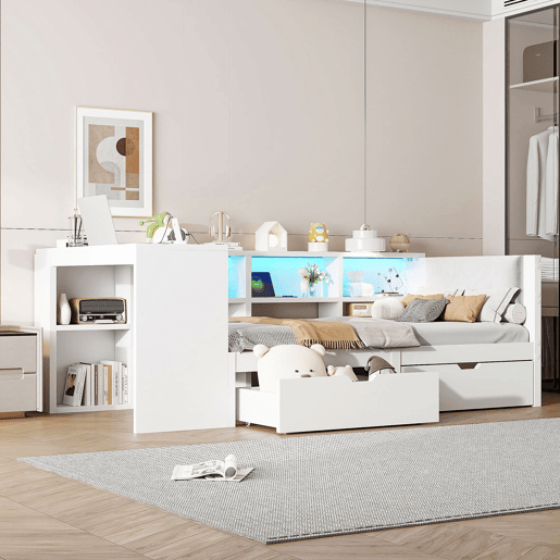 Cama plataforma 90x200 - com arrumação, gavetas, estação de carregamento e LED - Branco