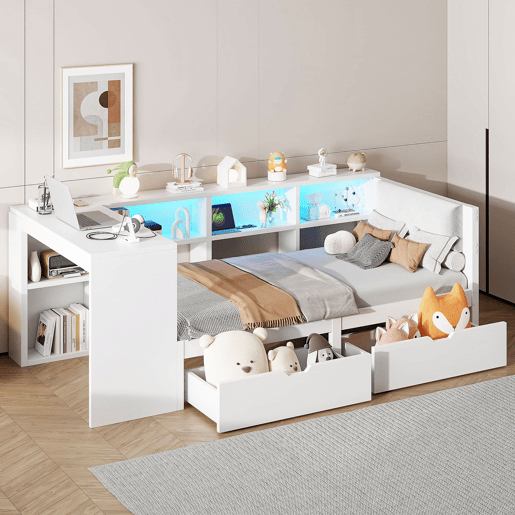 Cama plataforma 90x200 - com arrumação, gavetas, estação de carregamento e LED - Branco
