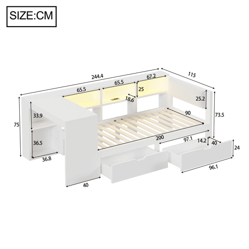 Cama plataforma 90x200 - com arrumação, gavetas, estação de carregamento e LED - Branco