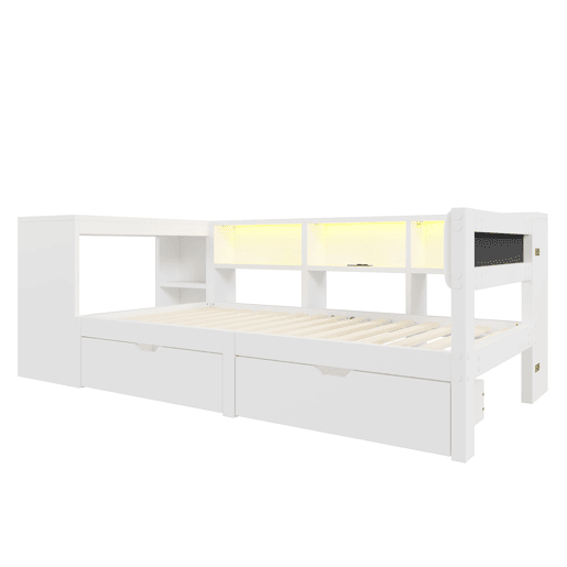 Cama plataforma 90x200 - com arrumação, gavetas, estação de carregamento e LED - Branco