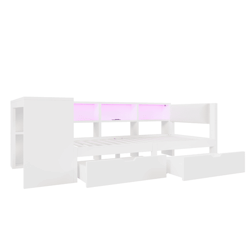 Cama plataforma 90x200 - com arrumação, gavetas, estação de carregamento e LED - Branco