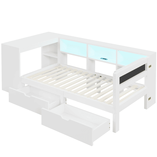 Cama plataforma 90x200 - com arrumação, gavetas, estação de carregamento e LED - Branco