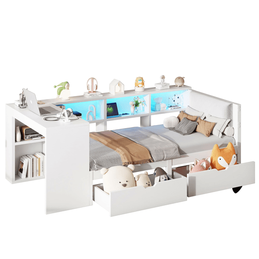 Cama plataforma 90x200 - com arrumação, gavetas, estação de carregamento e LED - Branco