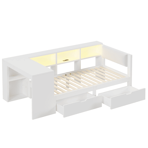 Cama plataforma 90x200 - com arrumação, gavetas, estação de carregamento e LED - Branco